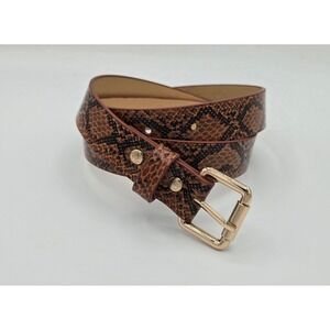 Snakeskin Embossed PU Leather Belt Women's 34" Brown Gold Buckle Glossy Chic
